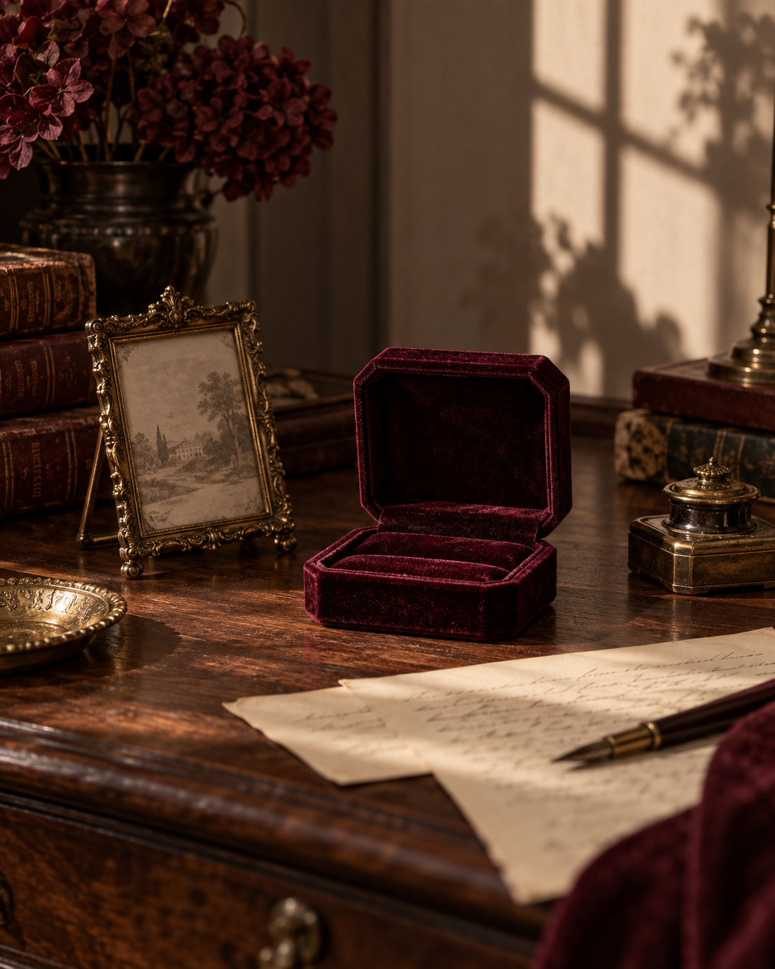 An editorial still life with velvet jewelry box and antique frames