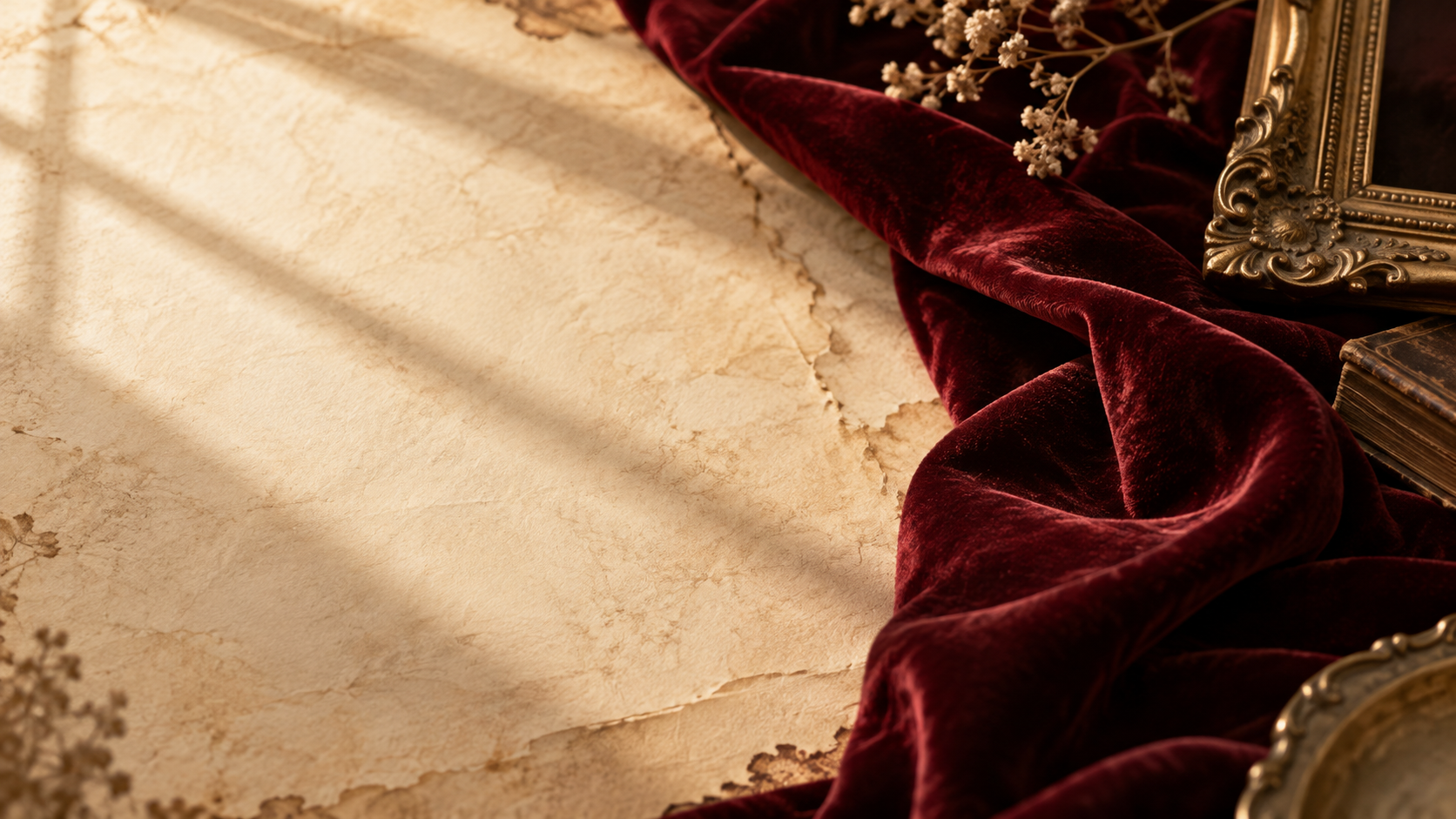 Burgundy velvet beside warm parchment and an antique frame